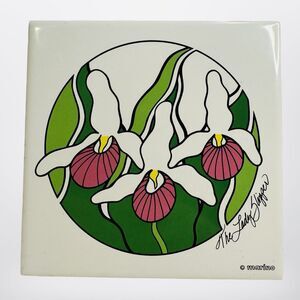 Vtg Marino Lady Slipper Orchids Ceramic Tile Trivet Art 6”x6”